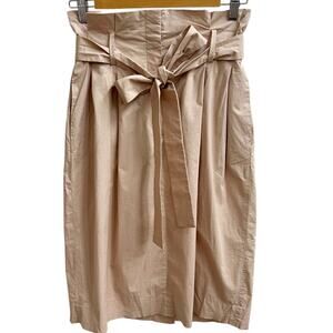 COS Paperbag Pleated Skirt High Waist Belted Knee Length Beige Cotton Sz 6